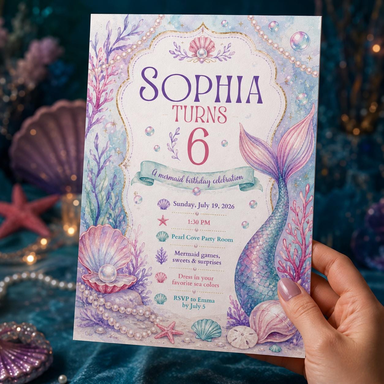 Mermaid 6th Birthday Invitation, Pastel Under the Sea Pearl Ocean Party for Girls, Editable Printable Canva Template - Image 4