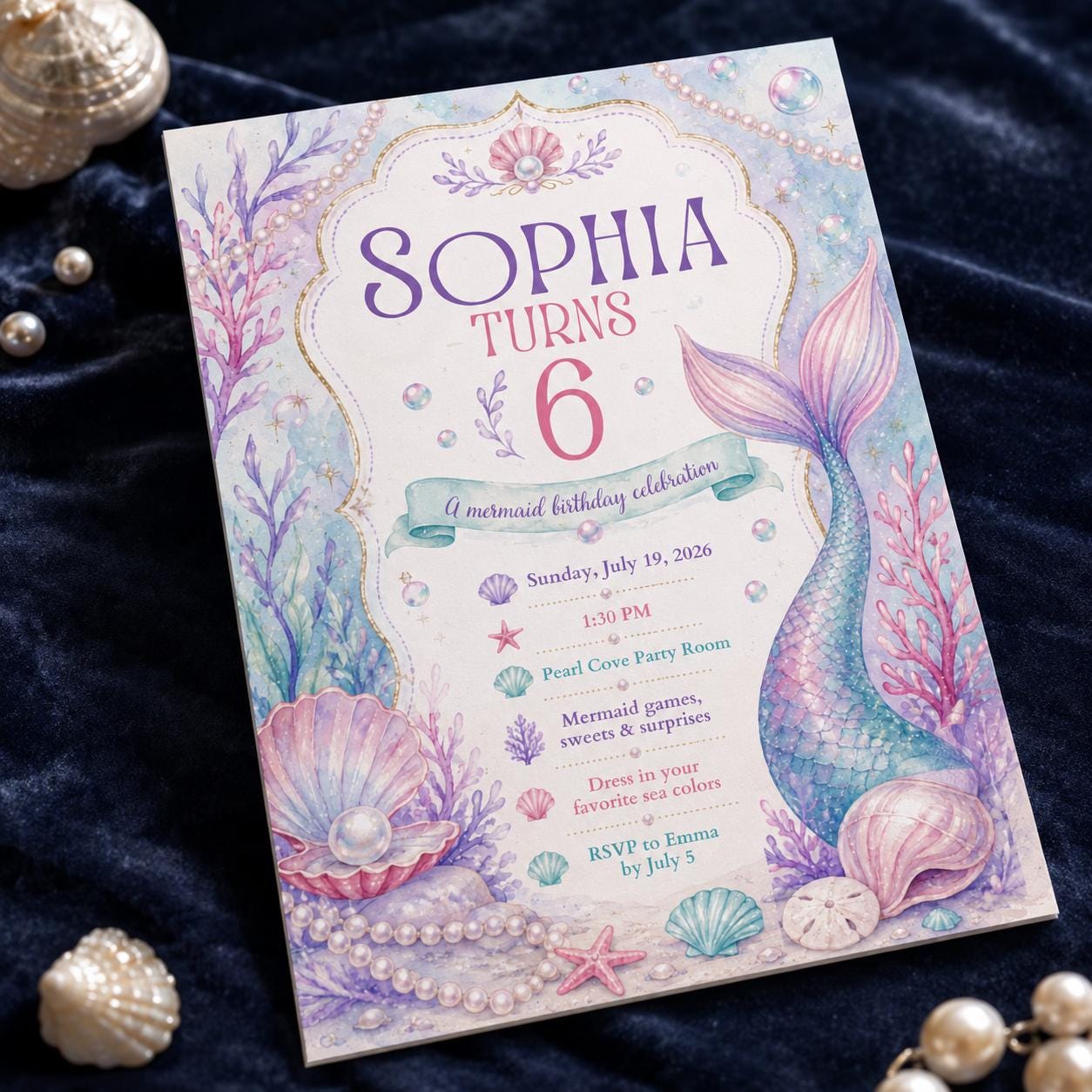 Mermaid 6th Birthday Invitation, Pastel Under the Sea Pearl Ocean Party for Girls, Editable Printable Canva Template - Image 6