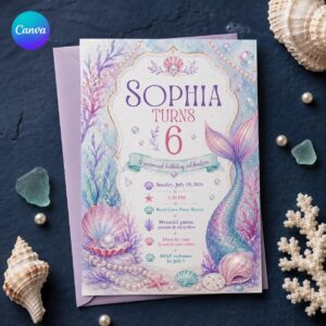 Mermaid 6th Birthday Invitation, Pastel Under the Sea Pearl Ocean Party for Girls, Editable Printable Canva Template