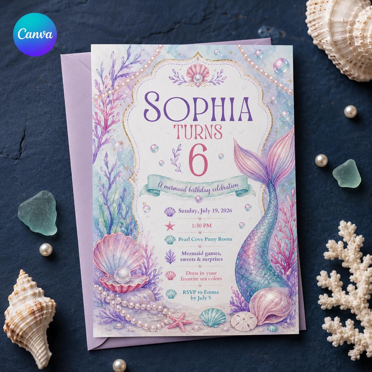 Mermaid 6th Birthday Invitation, Pastel Under the Sea Pearl Ocean Party for Girls, Editable Printable Canva Template