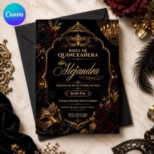Masquerade Quinceanera Invitation, Black Gold Spanish Mis Quince Anos Ball, Editable Printable Canva Template