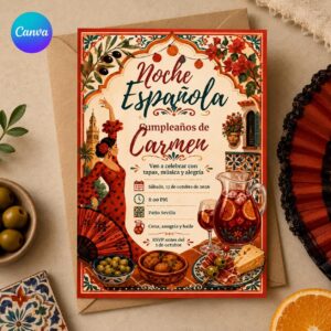 Spanish Birthday Invitation, Noche Española Flamenco Tapas and Sangria Party, Editable Printable Canva Template