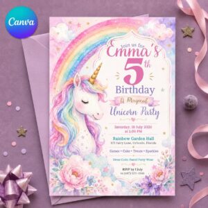Unicorn 5th Birthday Invitation, Pastel Rainbow Floral Party for Girls, Editable Printable Canva Template