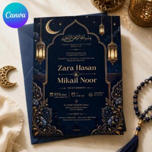 Navy Gold Nikah Invitation, Islamic Wedding Lantern Mosque Ceremony, Editable Printable Canva Template