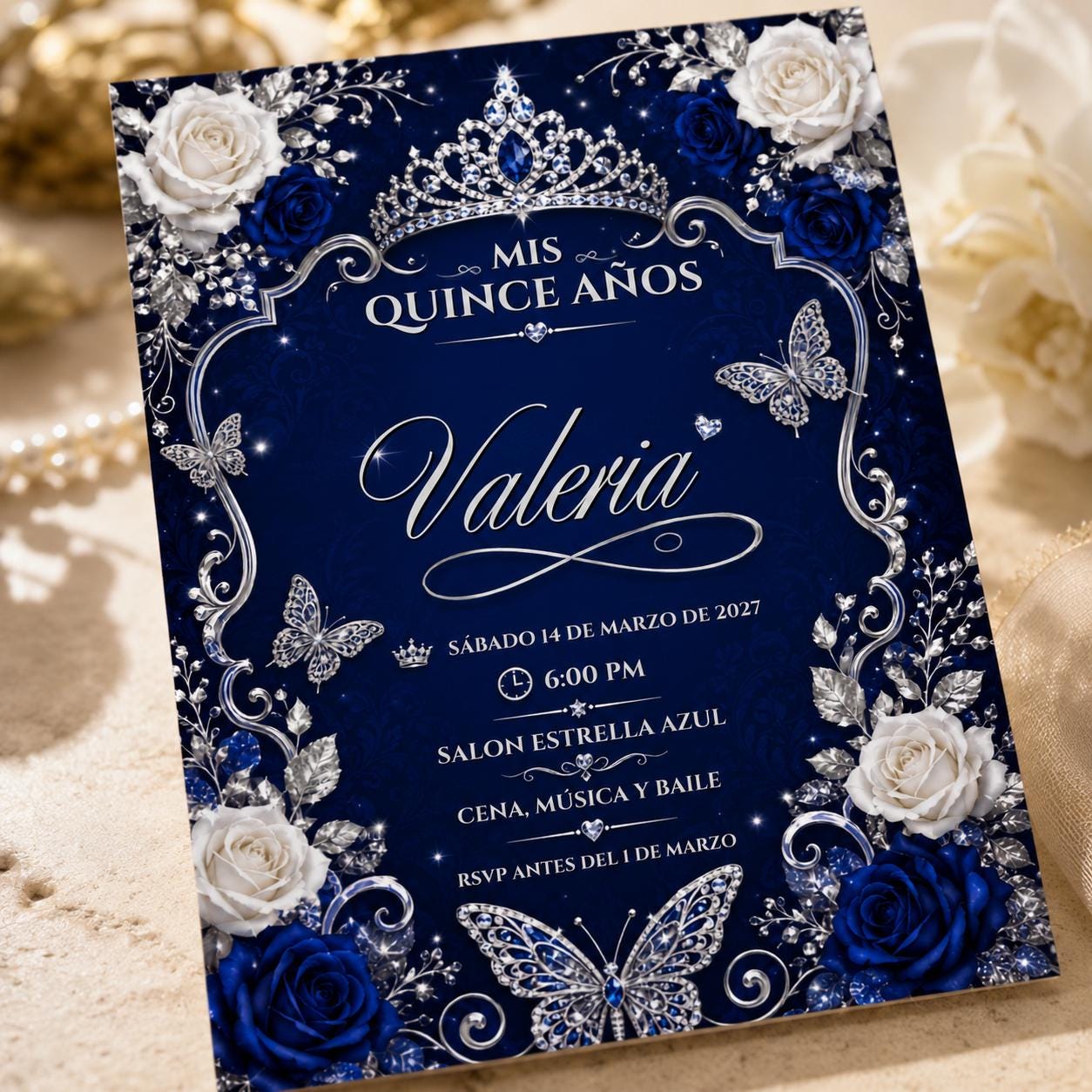 Royal Blue Quinceanera Invitation, Silver Butterfly Crown Mis Quince Anos, Editable Printable Canva Template - Image 3
