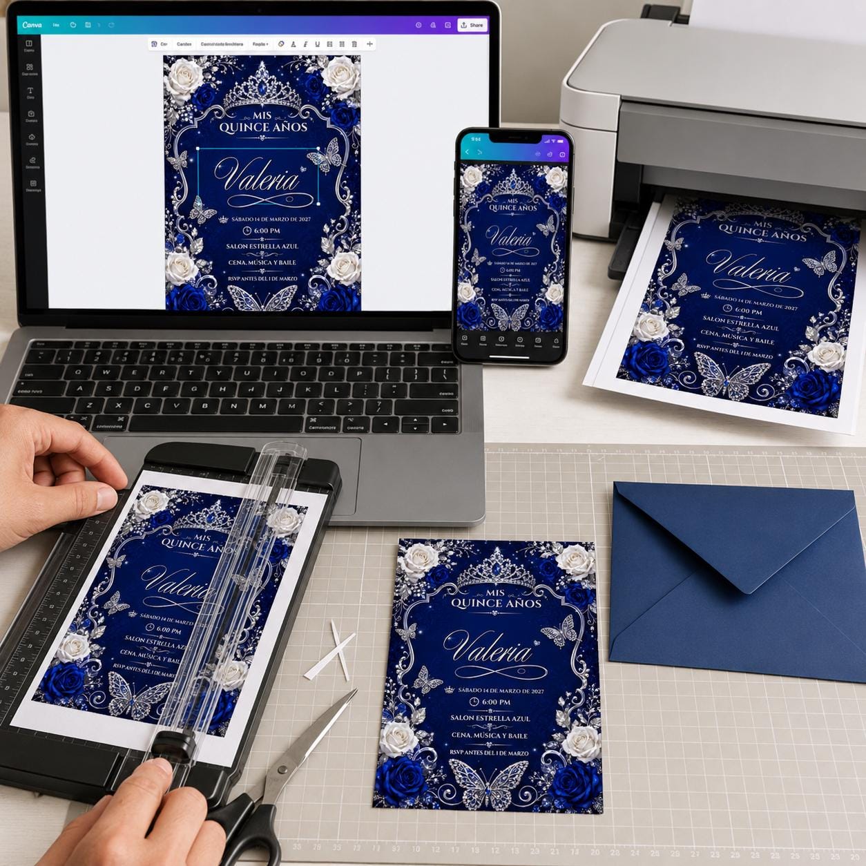 Royal Blue Quinceanera Invitation, Silver Butterfly Crown Mis Quince Anos, Editable Printable Canva Template - Image 6