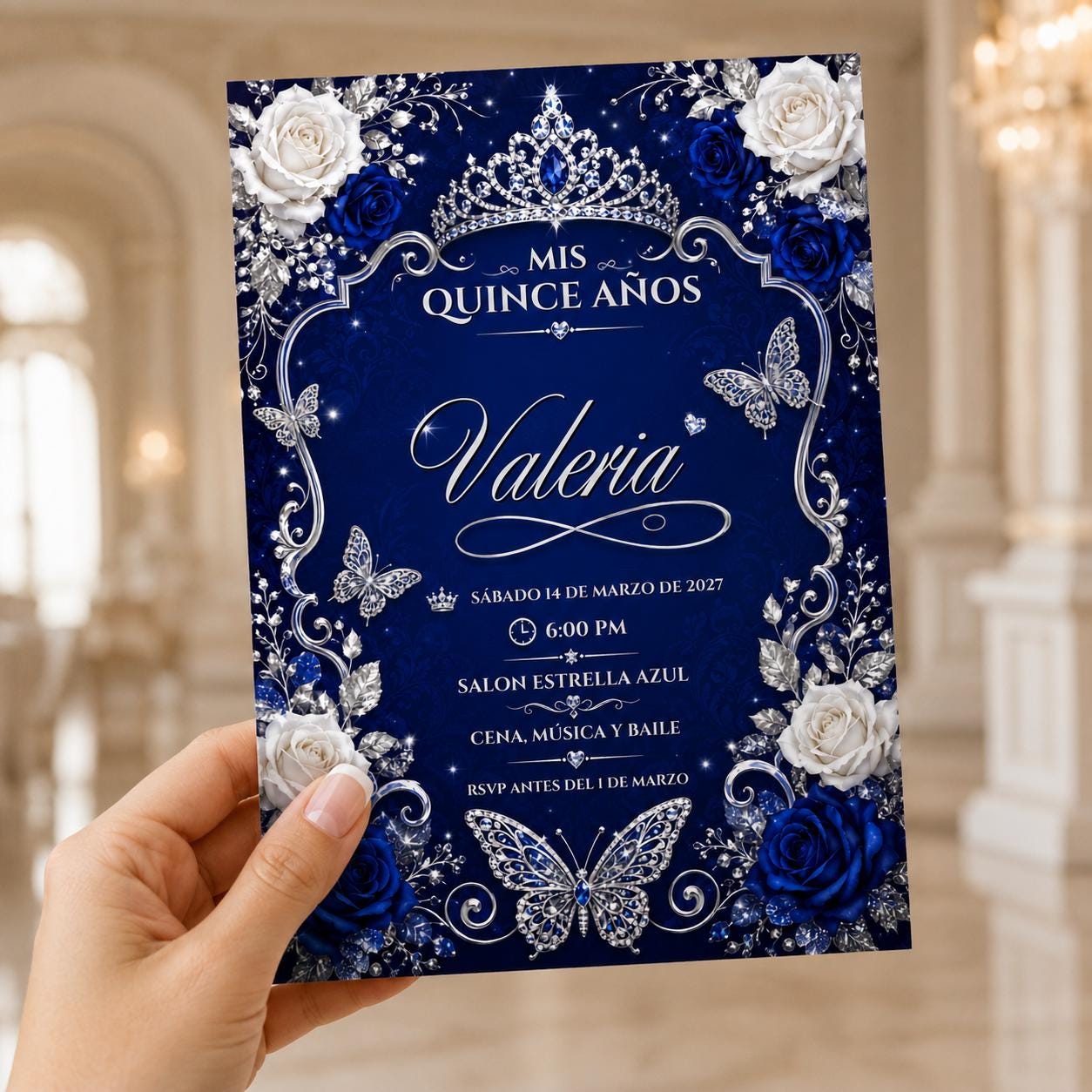 Royal Blue Quinceanera Invitation, Silver Butterfly Crown Mis Quince Anos, Editable Printable Canva Template - Image 5