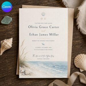 Beach Wedding Invitation, Minimal Coastal Seashell Ocean Ceremony, Elegant Editable Printable Canva Template