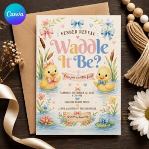 Duck Gender Reveal Invitation, Waddle It Be Pink and Blue Baby Party, Watercolor Printable Editable Canva Template