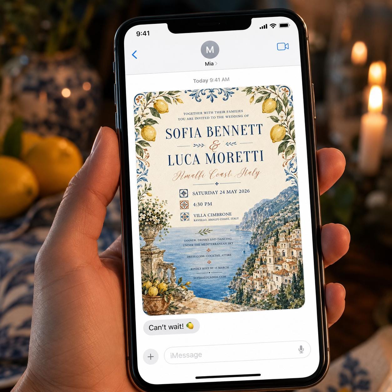 Amalfi Coast Wedding Invitation, Italian Lemon Destination Wedding, Mediterranean Printable Editable Canva Template - Image 3