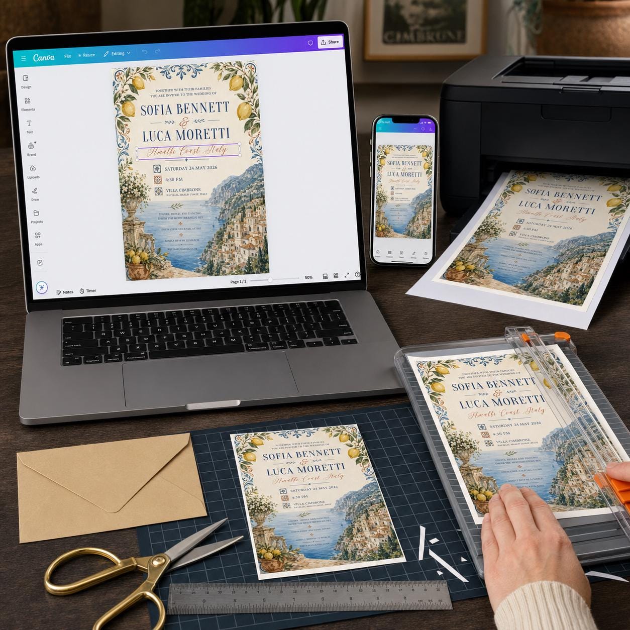 Amalfi Coast Wedding Invitation, Italian Lemon Destination Wedding, Mediterranean Printable Editable Canva Template - Image 5