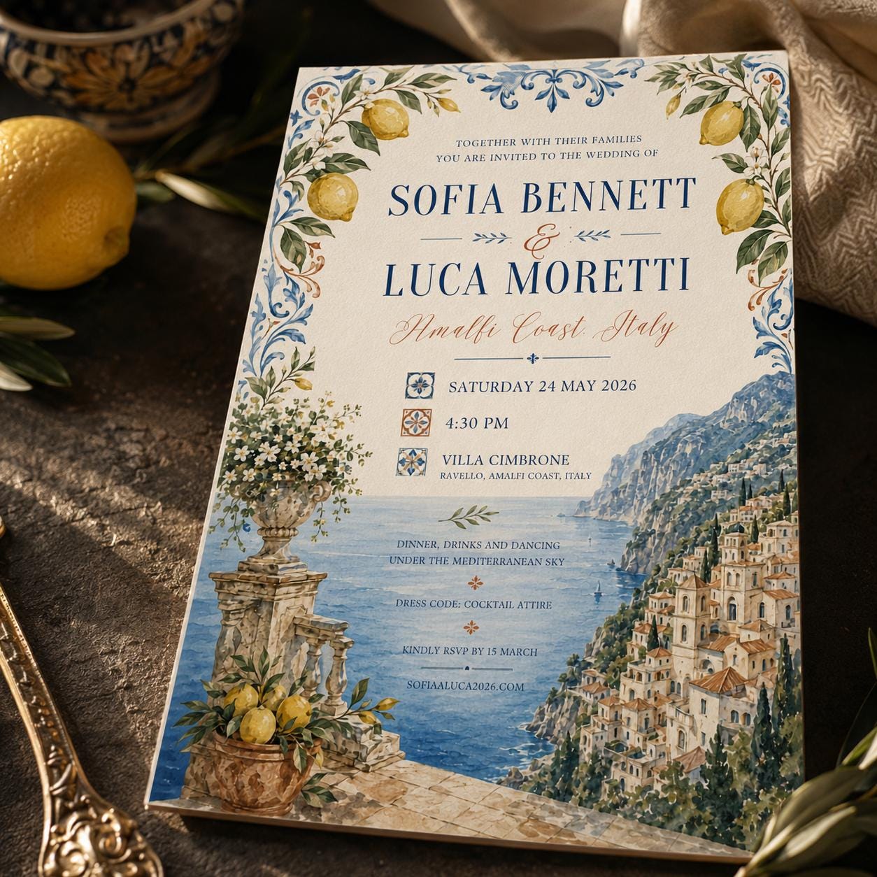 Amalfi Coast Wedding Invitation, Italian Lemon Destination Wedding, Mediterranean Printable Editable Canva Template - Image 6