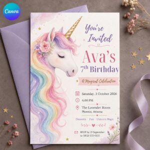 Unicorn 7th Birthday Invitation, Pastel Rainbow Floral Magical Girl Party, Printable Editable Canva Template