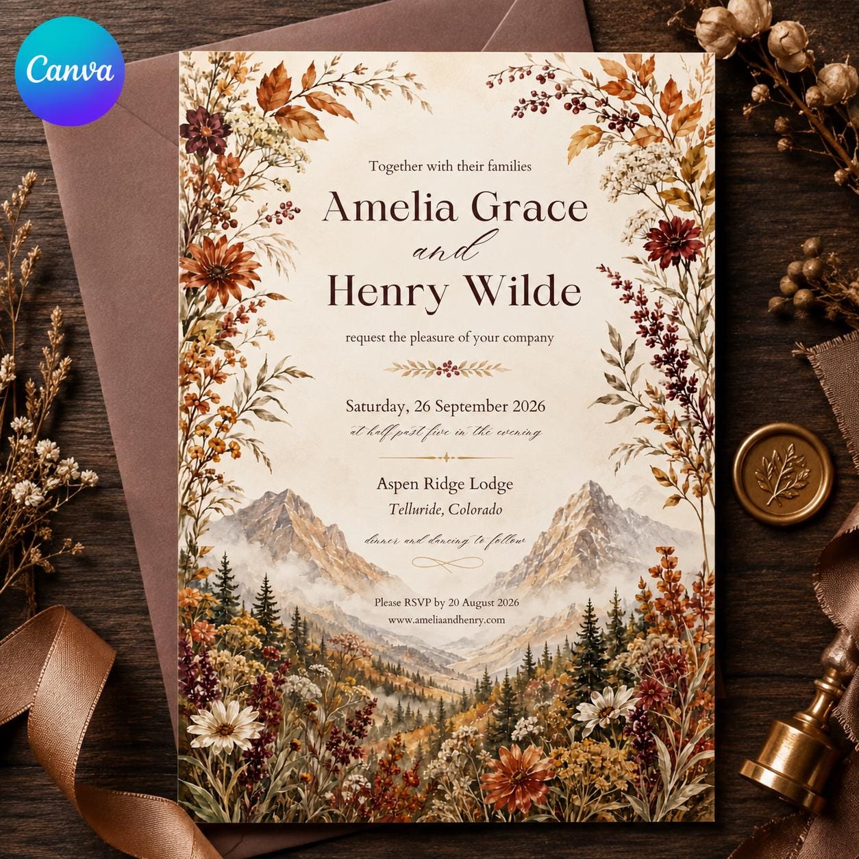 Fall Mountain Wedding Invitation, Autumn Wildflower Colorado Lodge, Rustic Printable Editable Canva Template