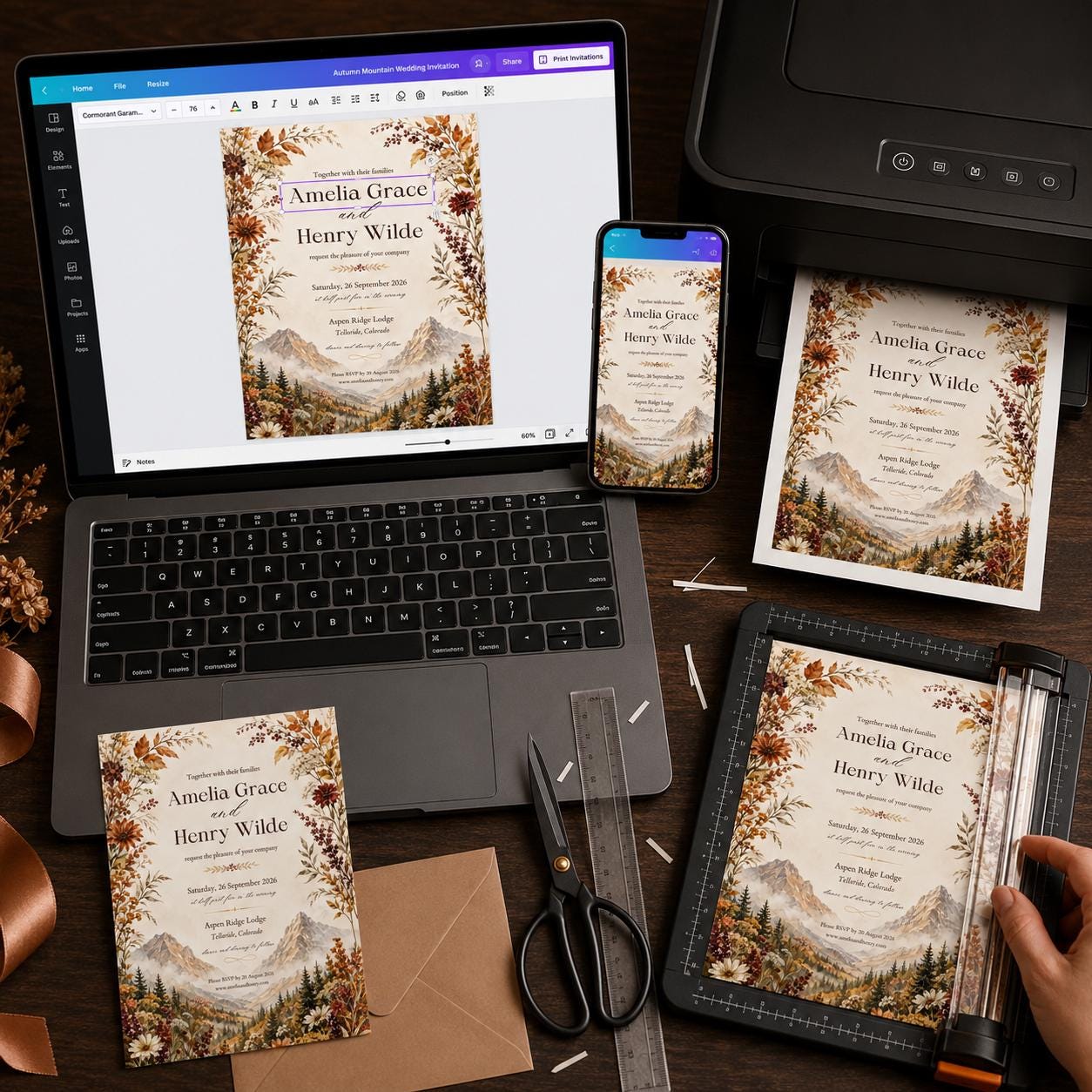 Fall Mountain Wedding Invitation, Autumn Wildflower Colorado Lodge, Rustic Printable Editable Canva Template - Image 5