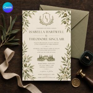 Olive Branch Wedding Invitation, Tuscan Estate Greenery Monogram, Elegant Printable Editable Canva Template