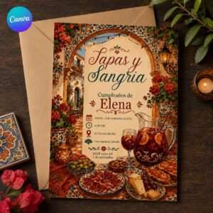 Tapas and Sangria Invitation, Spanish Birthday Fiesta Dinner Party, Mediterranean Printable Editable Canva Template
