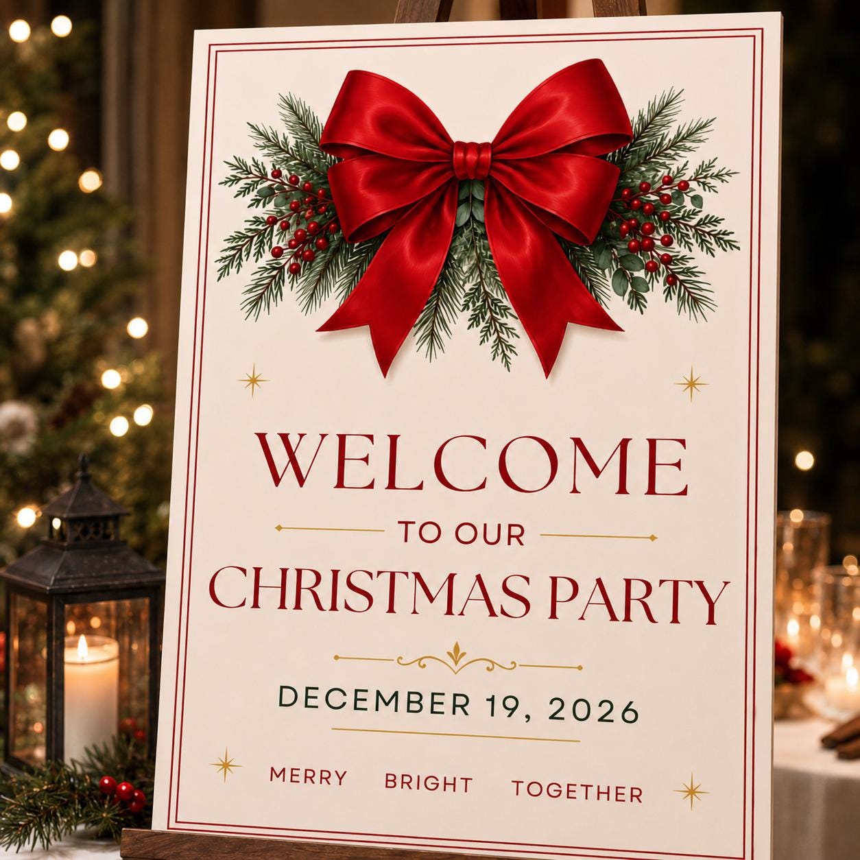 Christmas Party Welcome Sign, Red Bow Holiday Party Poster, Elegant Editable Printable Event Sign, Canva Template - Image 5