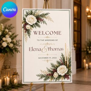Christmas Wedding Welcome Sign, Winter Greenery White Rose Holiday Ceremony Poster, Editable Printable Canva Template