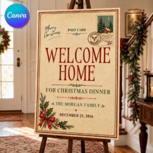 Christmas Dinner Welcome Sign, Vintage Holiday Postcard Family Party Poster, Editable Printable Canva Template