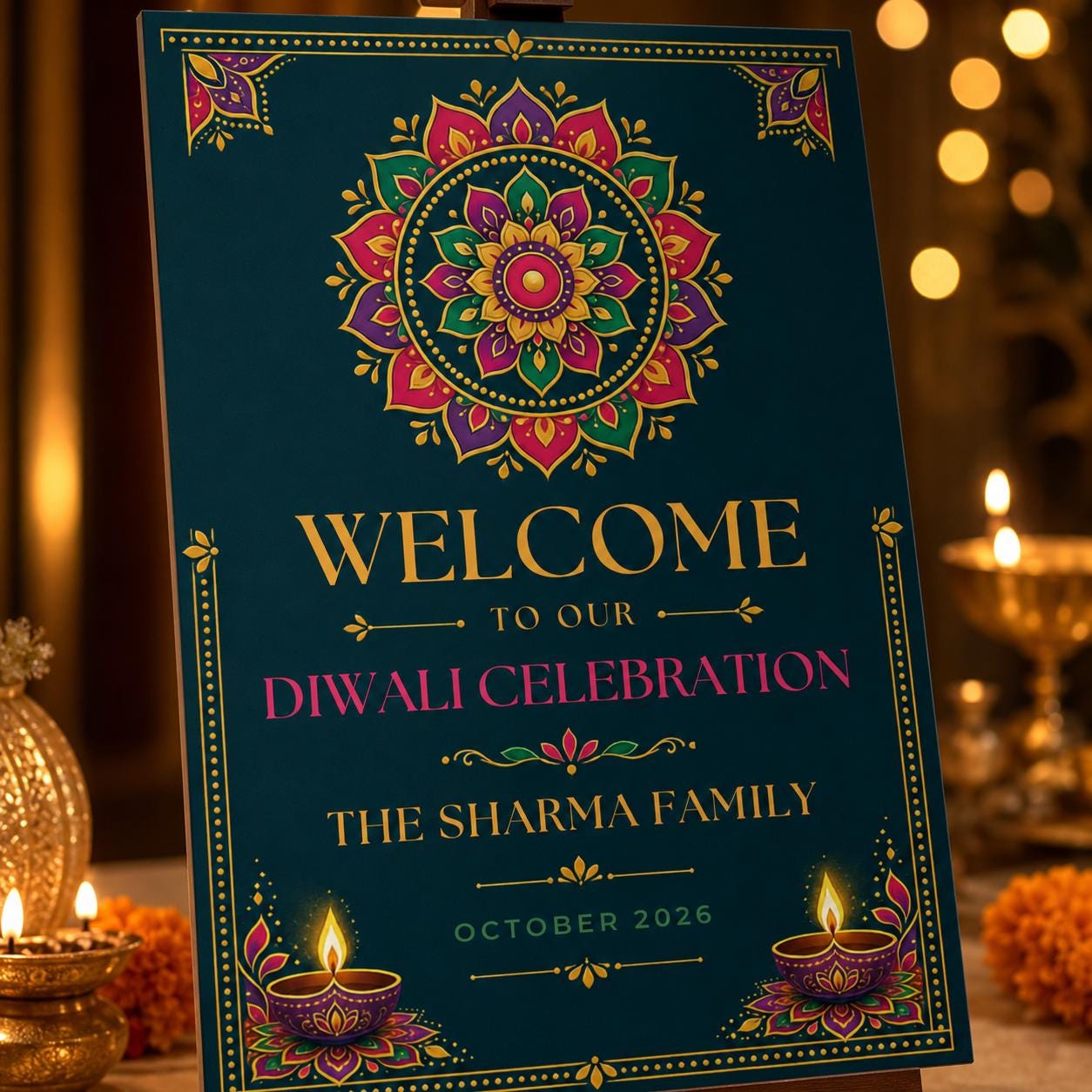 Diwali Welcome Sign, Colorful Rangoli Festival of Lights Party Poster, Editable Printable Indian Celebration Canva Template - Image 5