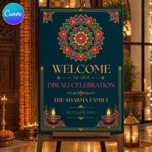 Diwali Welcome Sign, Colorful Rangoli Festival of Lights Party Poster, Editable Printable Indian Celebration Canva Template