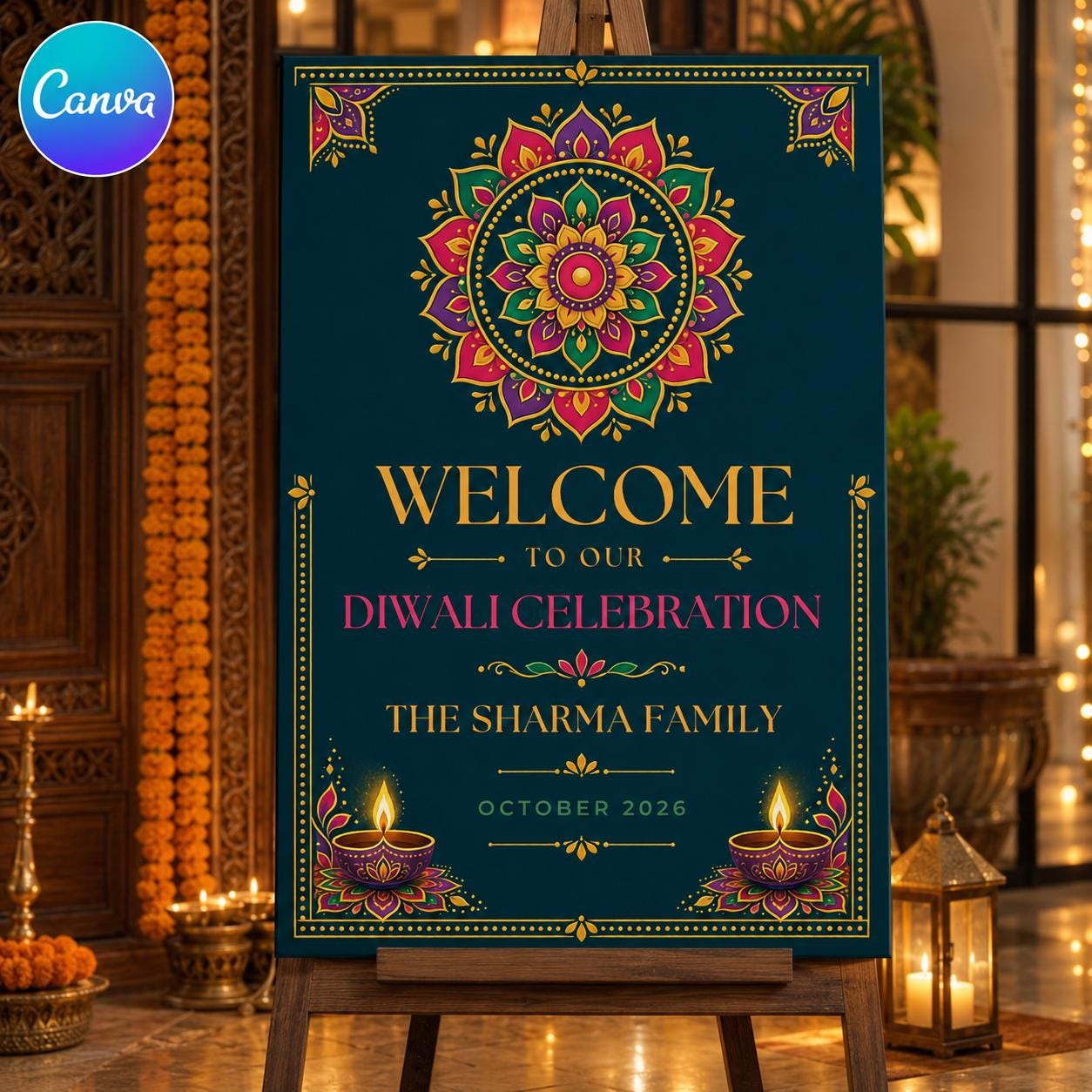 Diwali Welcome Sign, Colorful Rangoli Festival of Lights Party Poster, Editable Printable Indian Celebration Canva Template