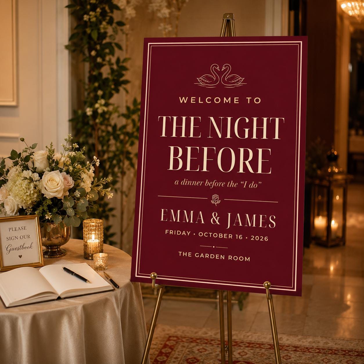 Rehearsal Dinner Welcome Sign, The Night Before Wedding Sign, Burgundy Elegant Dinner Poster, Editable Printable Canva Template - Image 4