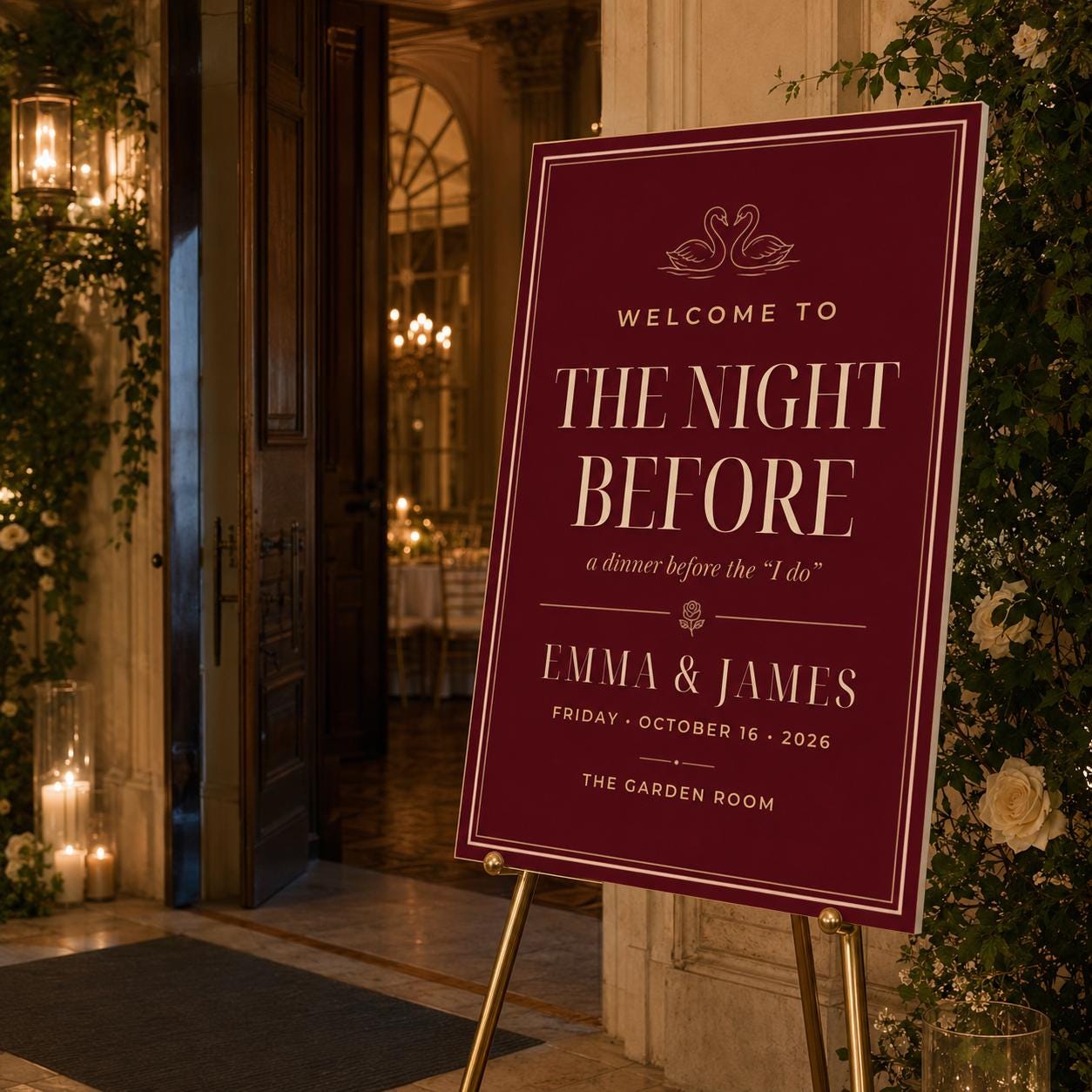 Rehearsal Dinner Welcome Sign, The Night Before Wedding Sign, Burgundy Elegant Dinner Poster, Editable Printable Canva Template - Image 6