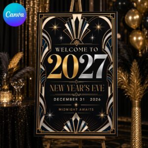 New Year's Eve Welcome Sign, Art Deco 2027 Black Gold Party Poster, Editable Printable Celebration Sign, Canva Template