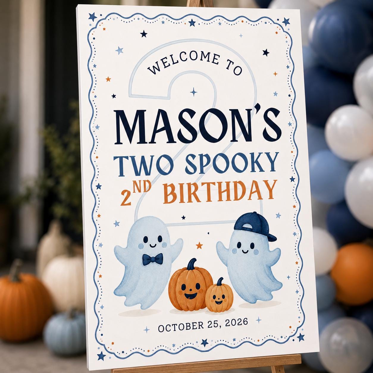 2nd Birthday Welcome Sign, Two Spooky Halloween Ghost Party Poster, Cute Blue Pumpkin Editable Printable Canva Template - Image 6