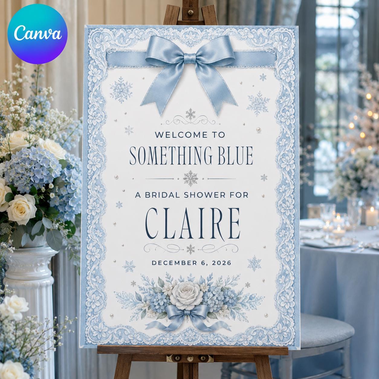 Something Blue Bridal Shower Welcome Sign, Blue Bow Winter Wedding Shower Poster, Editable Printable Sign, Canva Template