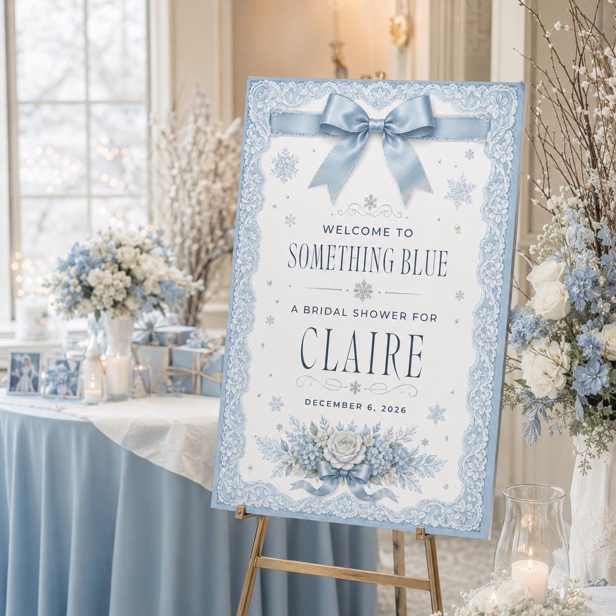 Something Blue Bridal Shower Welcome Sign, Blue Bow Winter Wedding Shower Poster, Editable Printable Sign, Canva Template - Image 6
