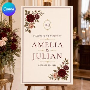 Burgundy Floral Wedding Welcome Sign, Elegant Fall Ceremony Entrance Poster, Editable Printable Reception Sign, Canva Template