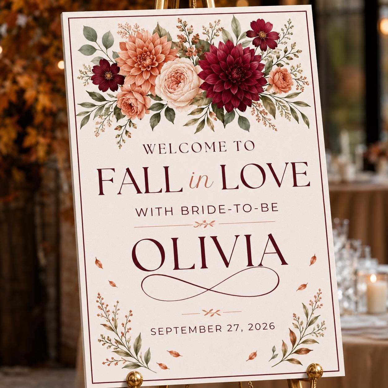 Fall in Love Bridal Shower Welcome Sign, Burgundy Autumn Floral Wedding Shower Poster, Editable Printable Sign, Canva Template - Image 3