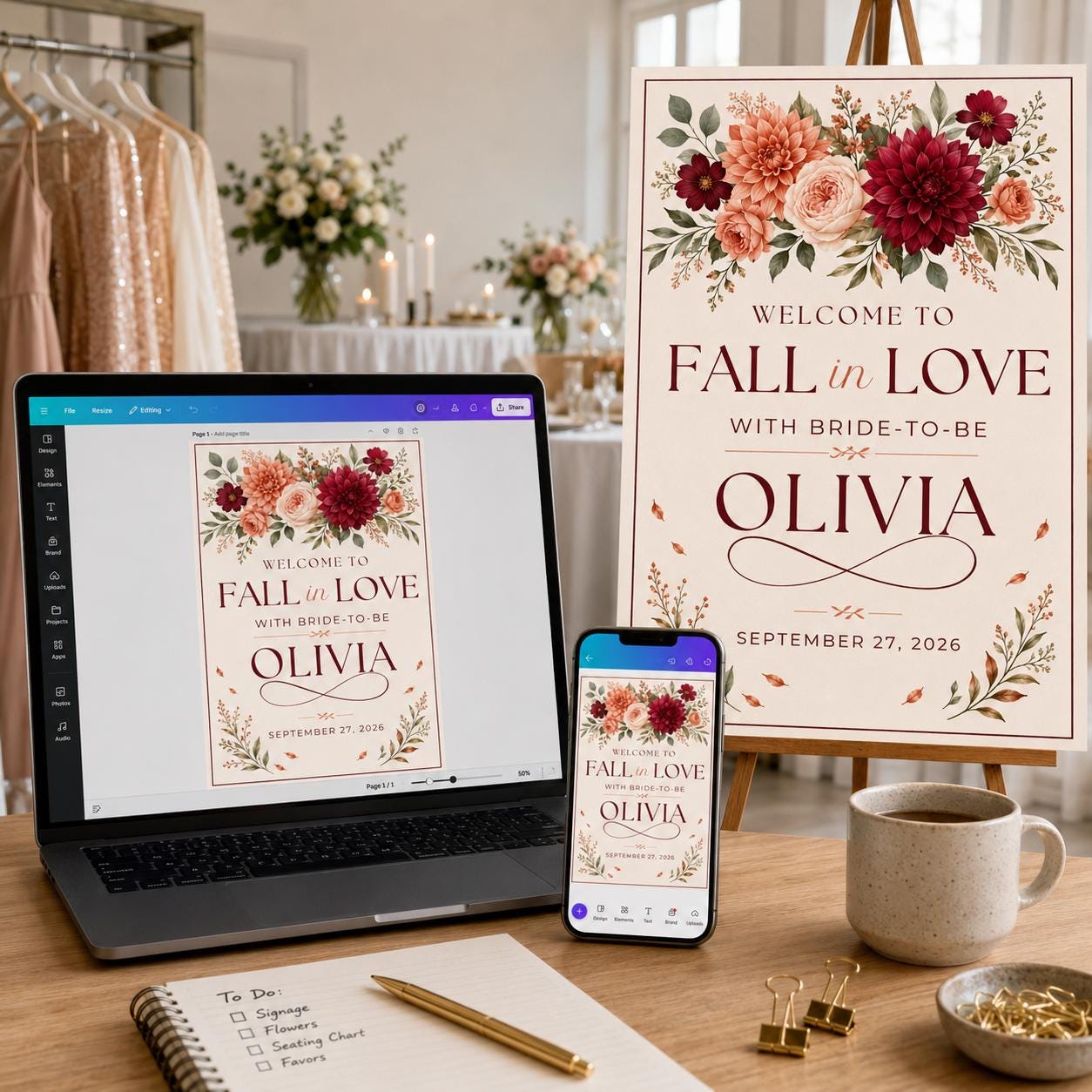 Fall in Love Bridal Shower Welcome Sign, Burgundy Autumn Floral Wedding Shower Poster, Editable Printable Sign, Canva Template - Image 5