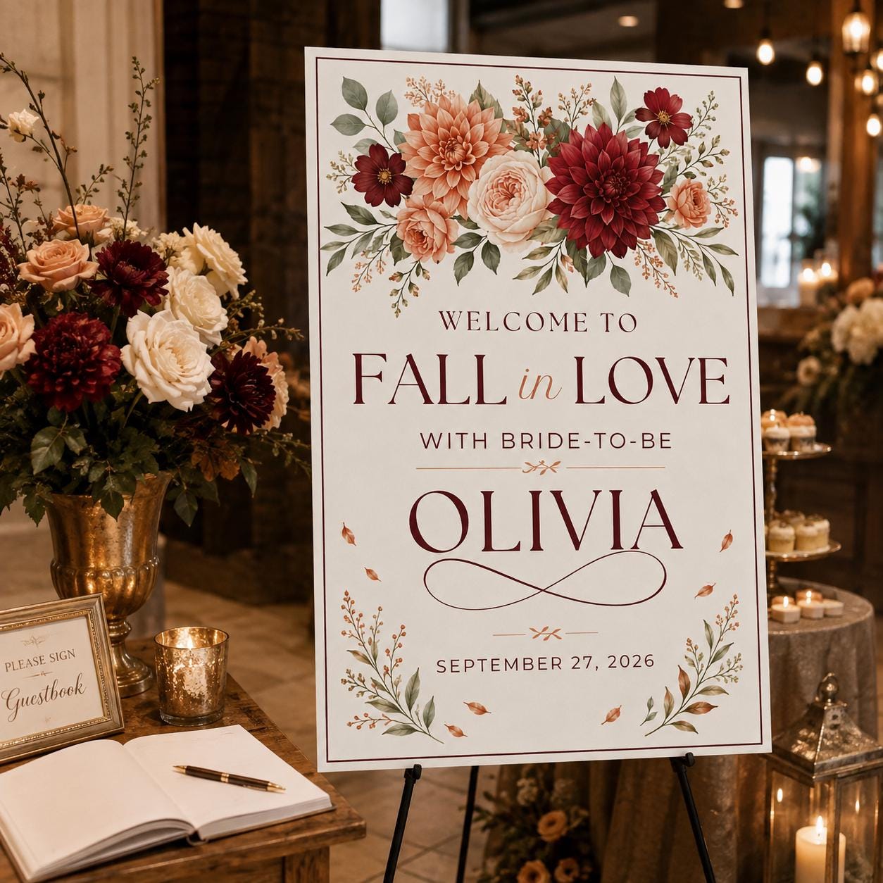 Fall in Love Bridal Shower Welcome Sign, Burgundy Autumn Floral Wedding Shower Poster, Editable Printable Sign, Canva Template - Image 4