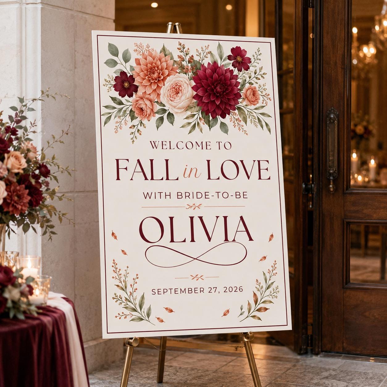 Fall in Love Bridal Shower Welcome Sign, Burgundy Autumn Floral Wedding Shower Poster, Editable Printable Sign, Canva Template - Image 6
