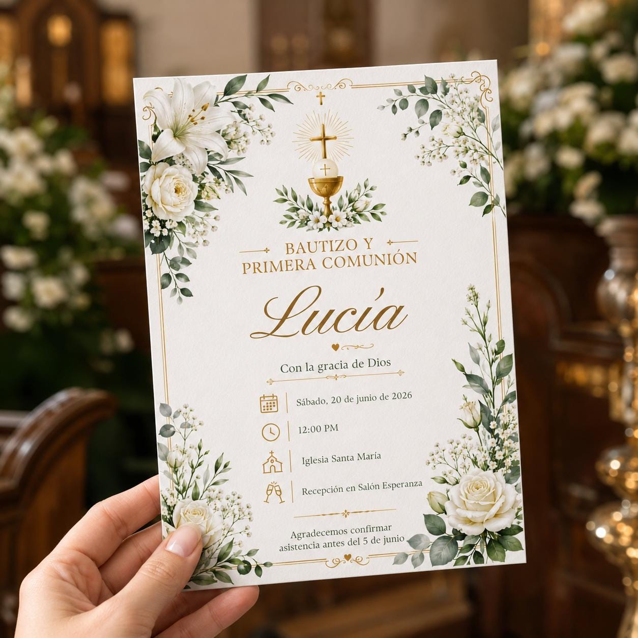 Bautizo y Primera Comunión Invitation, Spanish Baptism and First Communion, White Floral Editable Canva Template - Image 4