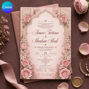 Nikah Invitation Template, Blush Pink Floral Muslim Wedding Ceremony, Elegant Editable Printable Canva Template
