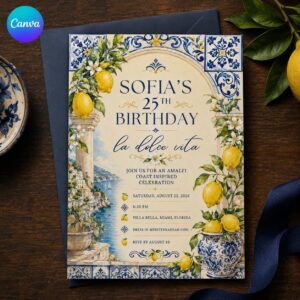 25th Birthday Invitation, Amalfi Coast Lemon La Dolce Vita Italian Party, Editable Printable Canva Template