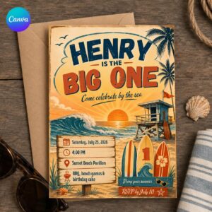 The Big One First Birthday Invitation, Retro Surf Beach Party for Boys, Editable Printable Canva Template