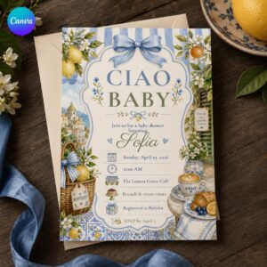 Ciao Baby Shower Invitation, Italian Lemon Amalfi Coast Theme, Blue Bow Editable Printable Canva Template
