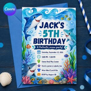 Shark 5th Birthday Invitation, Fintastic Ocean Party for Boys, Watercolor Printable Editable Canva Template