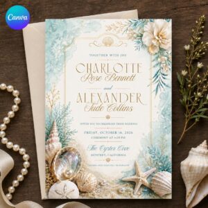 Coastal Wedding Invitation, Seashell Pearl Beach Wedding, Blue Watercolor Printable Editable Canva Template