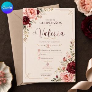 Spanish 30th Birthday Invitation, Elegant Burgundy Floral Fiesta for Women, Printable Editable Canva Template