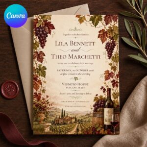 Tuscany Vineyard Wedding Invitation, Italian Winery Fall Wedding, Rustic Grapes Printable Editable Canva Template