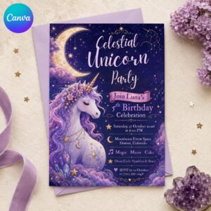 Celestial Unicorn Birthday Invitation, Moon and Stars Magical 5th Birthday Girl Party, Editable Printable Canva Template