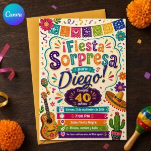 Spanish 40th Birthday Invitation, Fiesta Sorpresa Mexican Party for Him, Colorful Editable Printable Canva Template