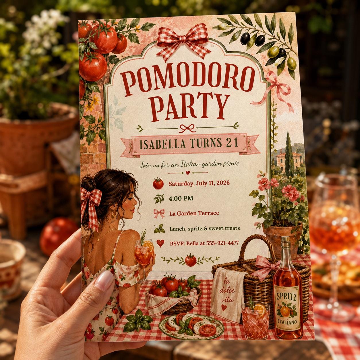 Pomodoro Party Invitation, Italian Garden Picnic 21st Birthday, Tomato Girl Editable Printable Canva Template - Image 3